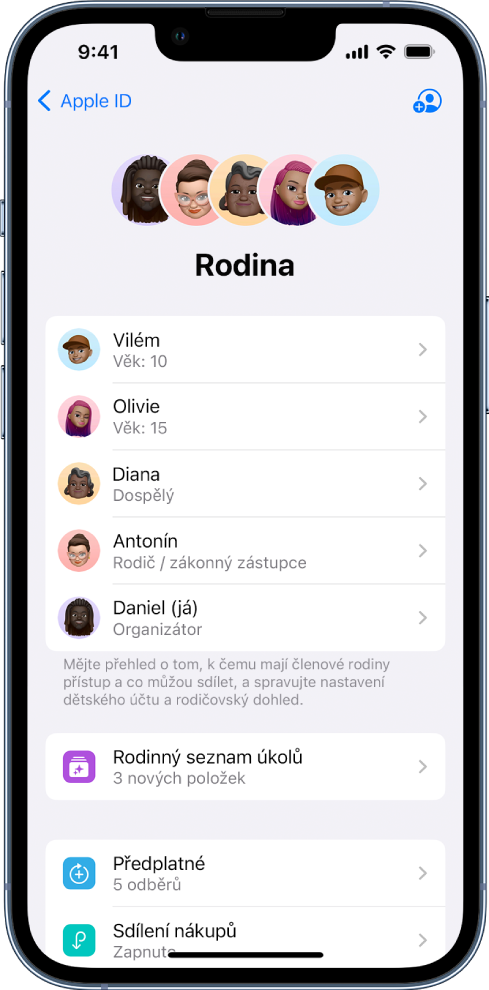 Obrazovka Rodinné sdílení v Nastavení. V seznamu je uvedeno pět členů rodiny a čtyři předplacené položky, které rodina sdílí.