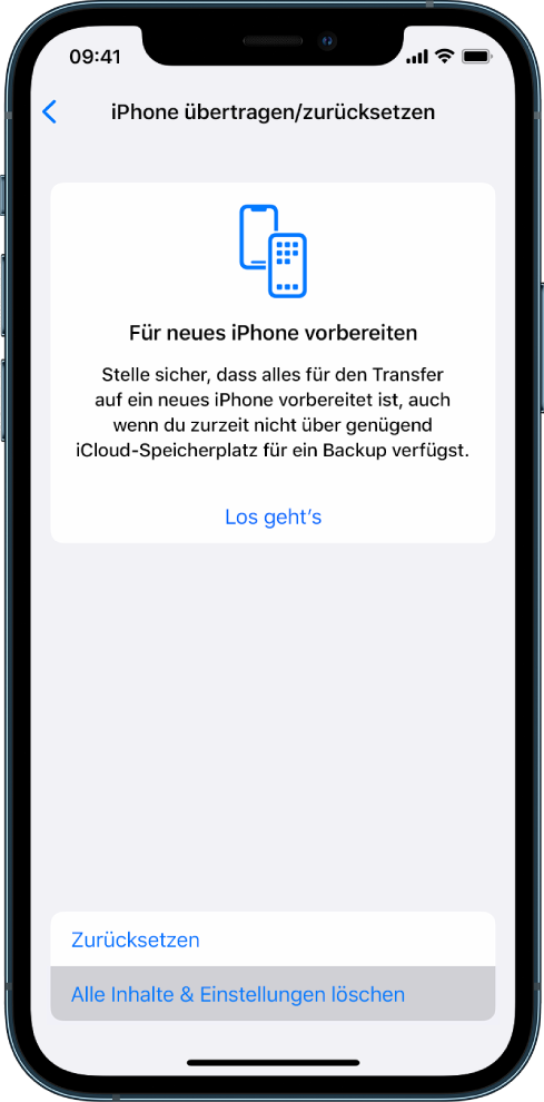 Ein iPhone-Bildschirm mit der ausgewählten Option „Alle Inhalte & Einstellungen löschen“.