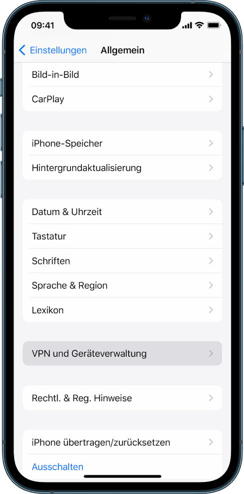 Ein iPhone-Bildschirm mit der ausgewählten Option „VPN und Geräteverwaltung“.