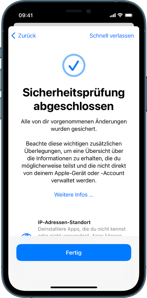 Ein Bildschirm der Sicherheitsprüfung zeigt, dass die Sicherheitsprüfung abgeschlossen ist.