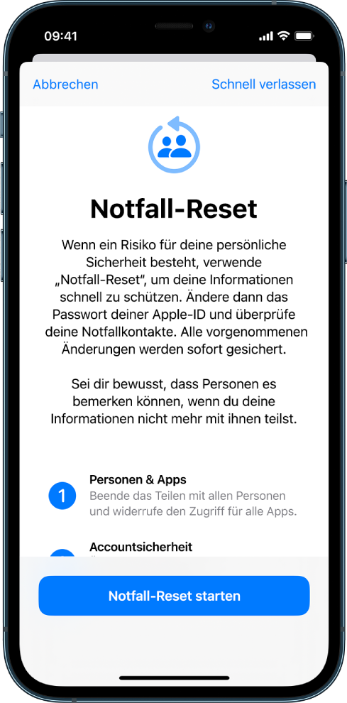 Ein Bildschirm zeigt die Taste zum Starten von „Notfall-Reset“.