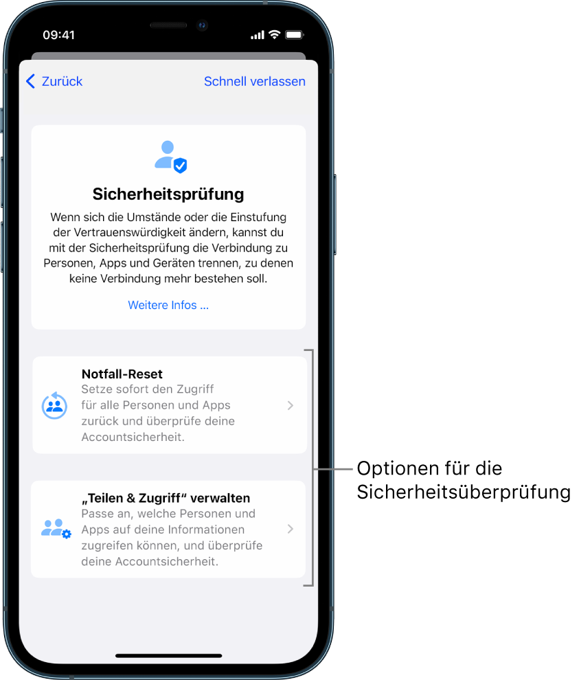 Ein Bildschirm zeigt die zwei Optionen, die mit der Sicherheitsprüfung verfügbar sind: „Notfall-Reset“ und „,Teilen & Zugriff‘ verwalten“.