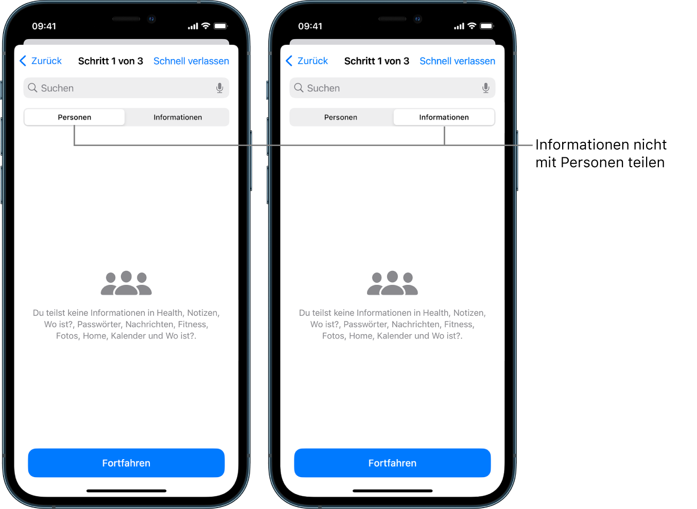 Ein Bildschirm zeigt, dass eine Person keine Informationen mit anderen Personen durch Auswählen des Tabs „Personen und Informationen“ teilt.