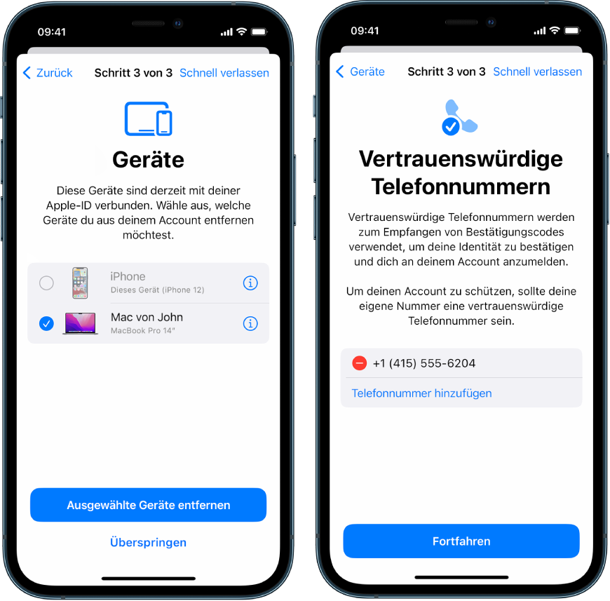 Drei iPhone-Bildschirme zeigen (1) ein ausgewähltes Gerät, das auf den vertrauenswürdigen Geräte entfernt werden muss, (2) einen Bildschirm zum Bearbeiten vertrauenswürdiger Telefonnummern und (3) einen Bildschirm zum Aktualisieren eines Apple-ID-Passworts.