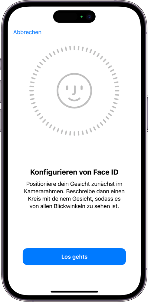 Der Einrichtungsbildschirm für die Face ID-Erkennung. Der Bildschirm zeigt ein Gesicht in einem Kreis an. Der Text darunter weist den/die Benutzer:in an, den Kopf langsam zu bewegen und dadurch den Kreis zu schließen. Am unteren Bildschirmrand wird die Taste „Optionen für Bedienungshilfen“ angezeigt.