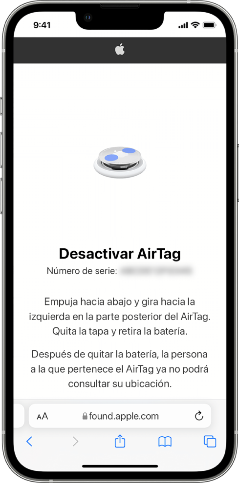 Pantalla de un iPhone mostrando como desactivar un AirTag.