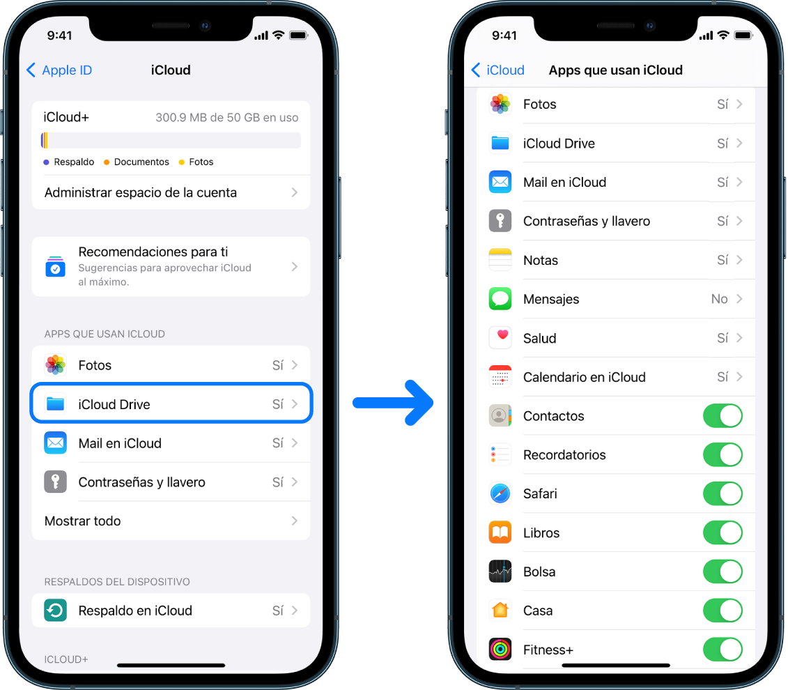 Un iPhone mostrando una cuenta Apple ID con la sesión iniciada y con varios servicios de iCloud activados.