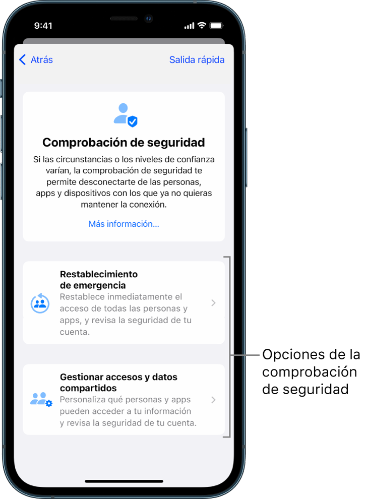 Una pantalla que muestra las dos opciones disponibles con la comprobación de seguridad: “Restablecimiento de emergencia” y “Gestionar accesos y datos compartidos”.