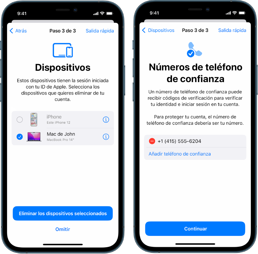 Las pantallas de tres iPhone que muestran 1) un dispositivo seleccionado para eliminarlo de la lista de dispositivos de confianza, 2) una pantalla para editar los números de teléfono de confianza y 3) una pantalla para actualizar la contraseña de un ID de Apple.