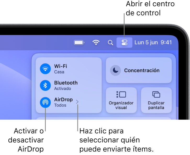 Ventana del centro de control en la que se muestra dónde se activa o desactiva AirDrop y cómo se elige quién puede enviarte ítems.