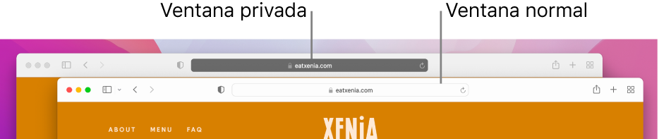 Una ventana normal de Safari en un Mac con su campo de búsqueda inteligente, y una ventana privada de Safari con su campo de búsqueda inteligente oscuro.