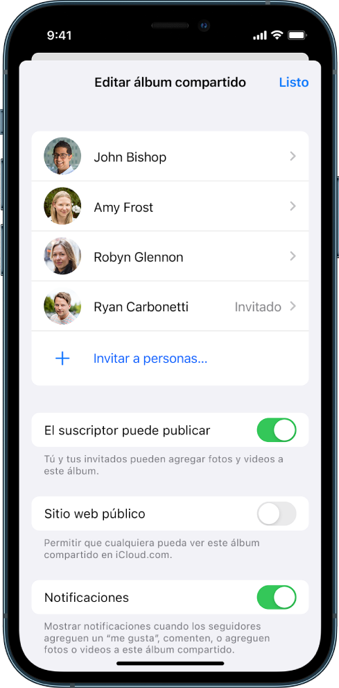 Pantalla del iPhone mostrando un álbum de fotos compartidas y con quién se comparte el álbum.