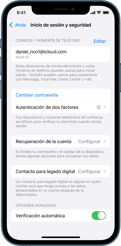 Pantalla de un iPhone mostrando que la autenticación de dos factores está desactivada.