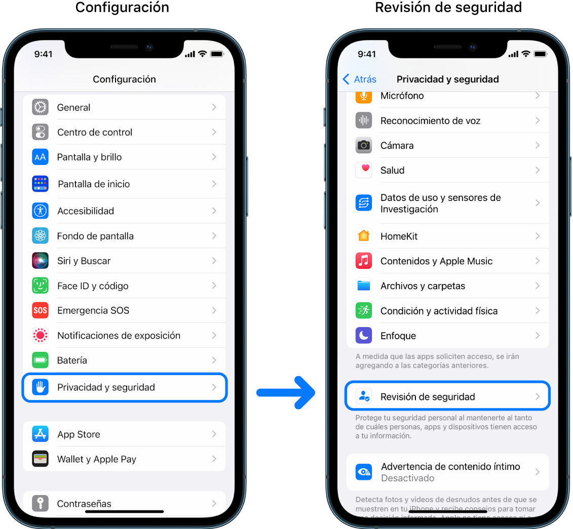 El procedimiento para acceder a la revisión de seguridad desde la app Configuración.