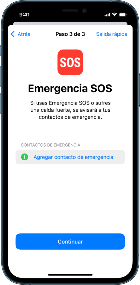 Dos pantallas de iPhone mostrando la pantalla de Emergencia SOS y la pantalla de Actualizar código del dispositivo.