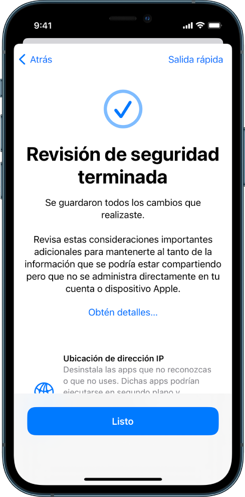 Pantalla de la revisión de seguridad mostrando que se completó la revisión.