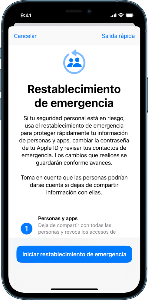 Pantalla mostrando el botón para iniciar Restablecimiento de emergencia.