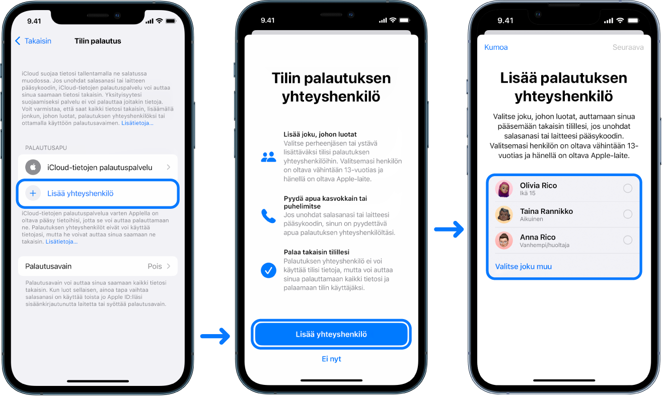 Kolme iPhonen näyttöä, joissa näkyy, miten tilin palautuksen yhteyshenkilöitä lisätään.