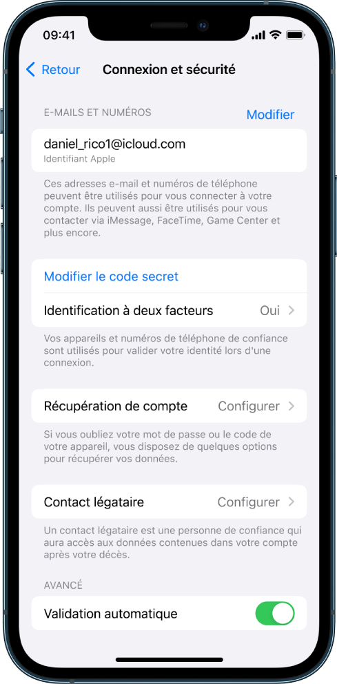 Écran d’iPhone qui affiche l’identification à deux facteurs désactivée.