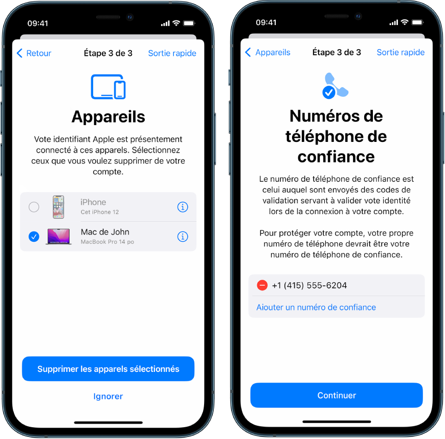 Trois écrans d’iPhone qui montrent (1) un appareil sélectionné à supprimer des appareils de confiance, (2) un écran pour modifier les numéros de téléphone de confiance et (3) un écran pour mettre à jour le mot de passe associé à un identifiant Apple.