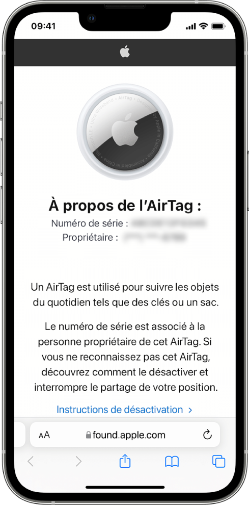 Écran d’un iPhone qui affiche des informations sur un AirTag.