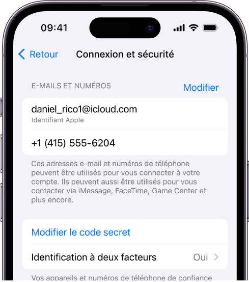 Écran d’un iPhone qui affiche l’identification à deux facteurs activée.