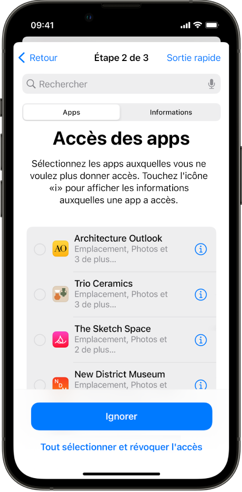 Un écran du contrôle de sécurité qui affiche les informations partagées avec des apps spécifiques.