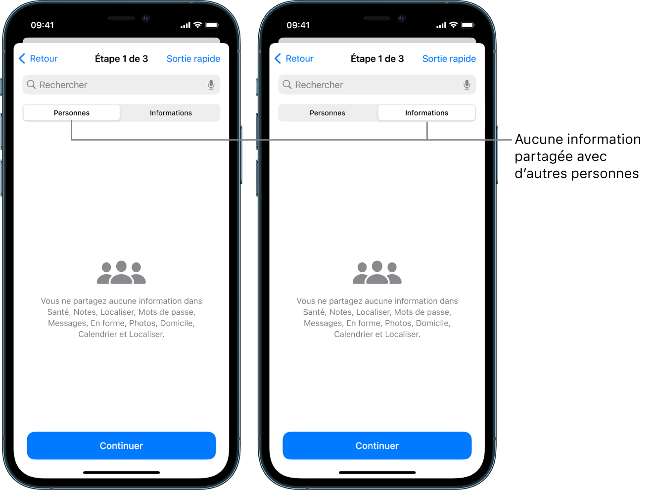 Un écran qui indique qu’un utilisateur ne partage aucune information avec d’autres personnes en sélectionnant l’onglet Personnes et l’onglet Informations.