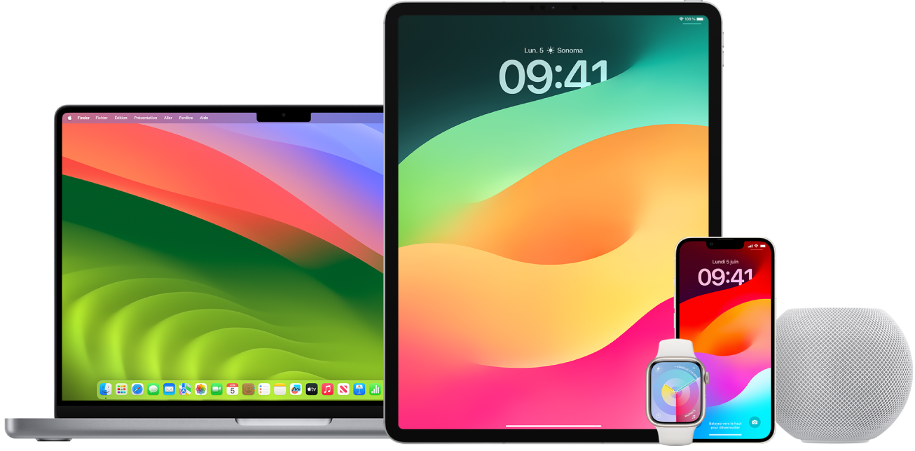 Un MacBook Air, un iPad, un iPhone, une Apple Watch et un HomePod.