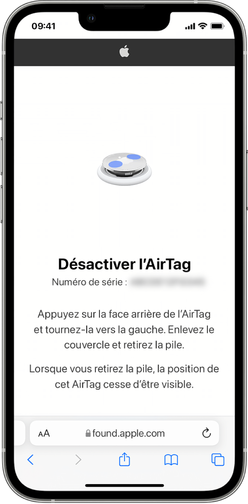 Écran d’un iPhone qui affiche comment désactiver un AirTag.