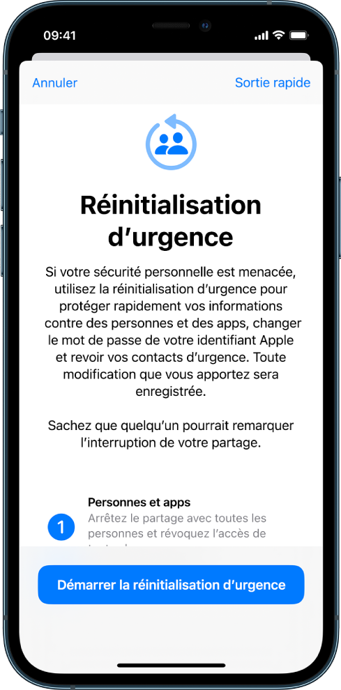 Un écran qui montre le bouton pour démarrer la réinitialisation d’urgence.