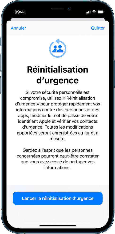 Un écran présentant le bouton pour démarrer « Réinitialisation d’urgence ».