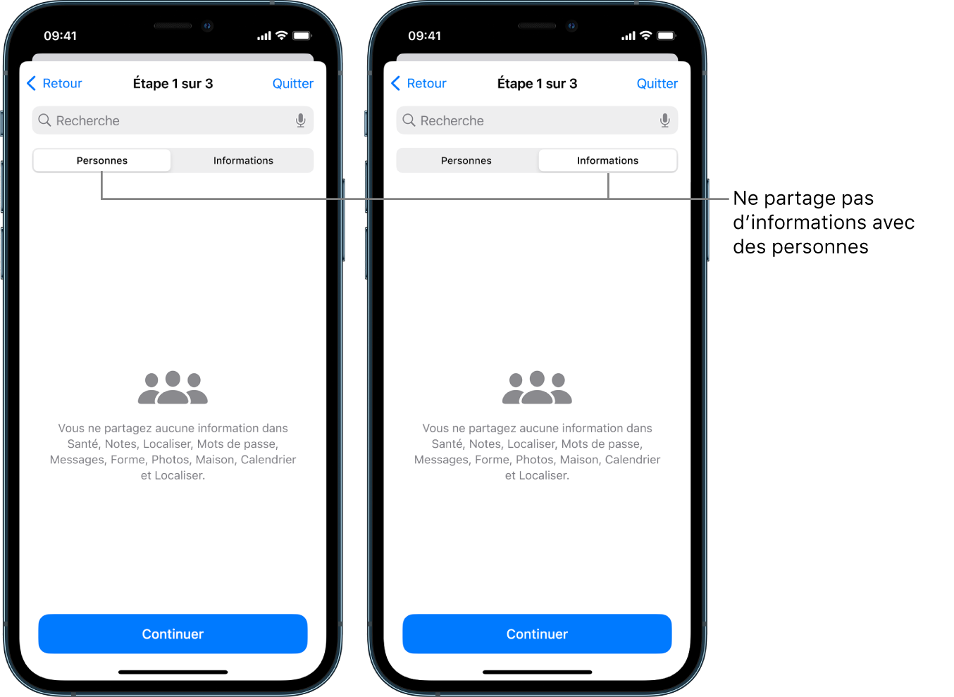 Un écran affichant qu’un utilisateur ne partage aucune information avec aucune autre personne en sélectionnant l’onglet Personnes et informations.