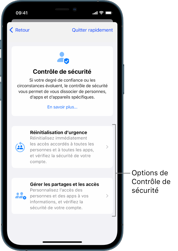 Un écran affichant les deux options disponibles avec Contrôle de sécurité : Réinitialisation d’urgence et Gérer les partages et les accès.