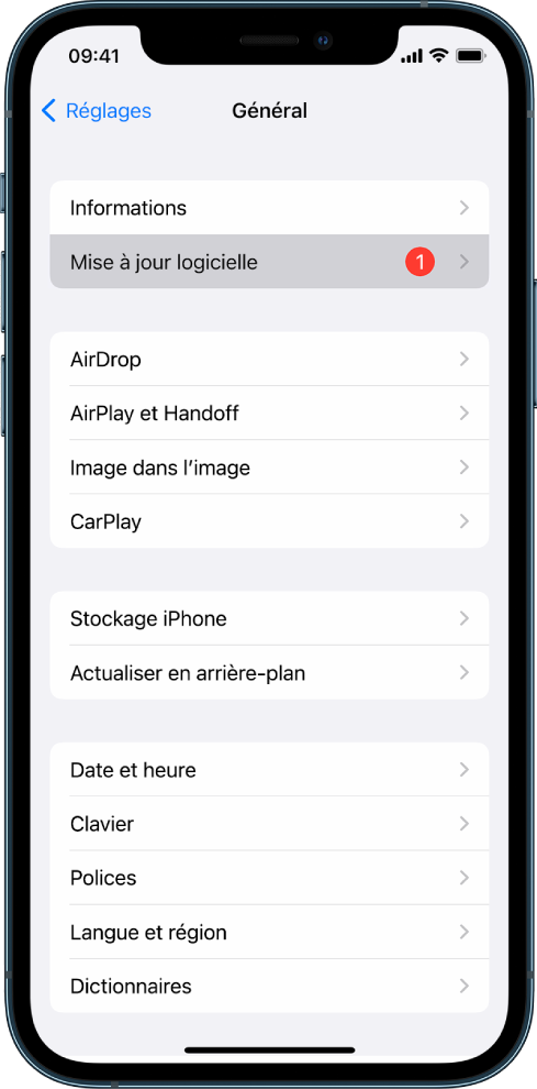 Écran de l’iPhone indiquant qu’une mise à jour de logiciels est disponible.