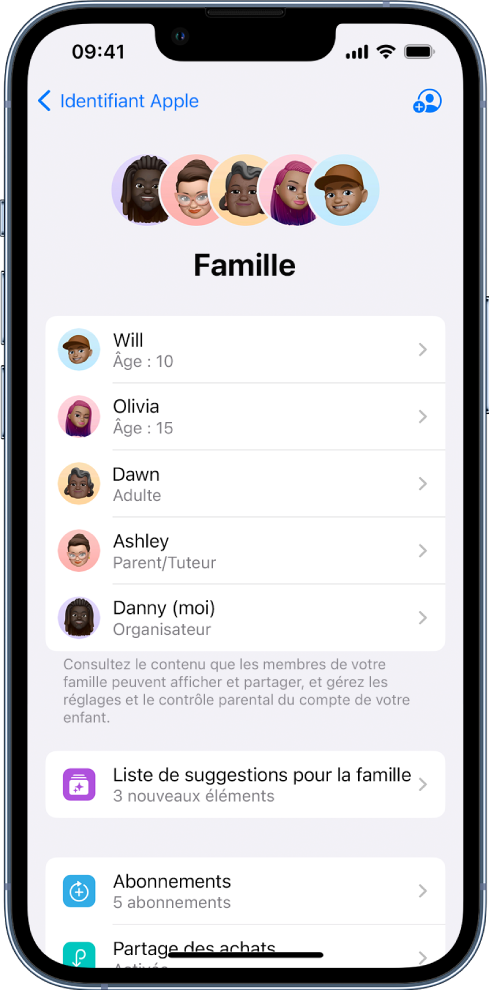 Écran « Partage familial » dans Réglages. Cinq membres de la famille sont répertoriés et quatre abonnements sont partagés avec la famille.