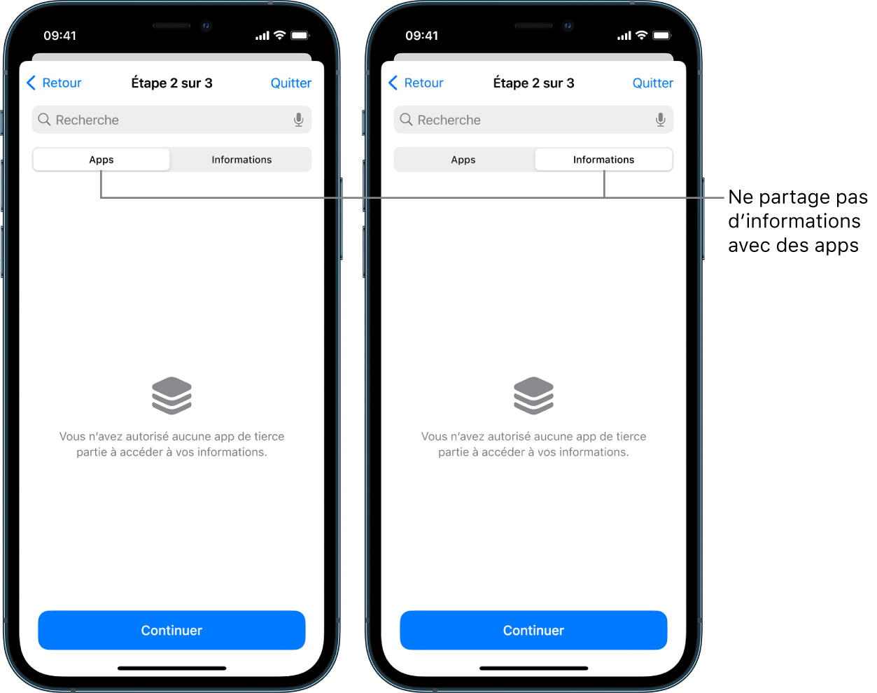 Un écran affichant qu’un utilisateur ne partage aucune information avec aucune app en sélectionnant l’onglet Apps et informations.