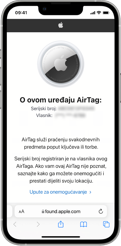 Zaslon iPhonea na kojem se prikazuju informacije o AirTagu.