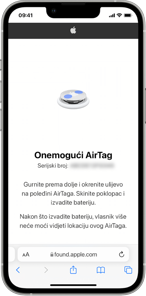 Zaslon iPhonea na kojem se prikazuje kako onemogućiti AirTag.