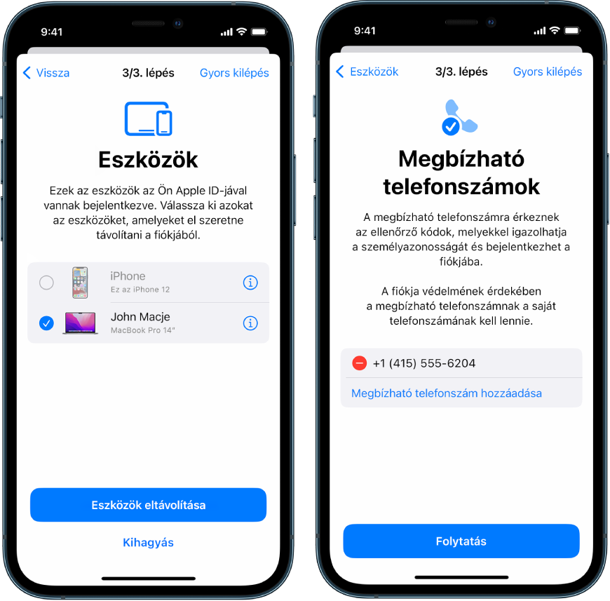 Három iPhone-képernyő. Az első képernyőn egy eszköz látható, amely el lesz távolítva a megbízható eszközök közül, a második képernyőn a megbízható telefonszámok szerkesztéséhez használható ablak jelenik meg, a harmadik képernyőn pedig az Apple ID-jelszó frissítése látható.