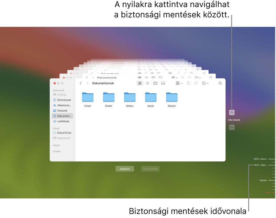 Osztásjelek a biztonsági mentési idővonalon. A piros osztásjel az aktuálisan böngészett biztonsági mentést jelöli.