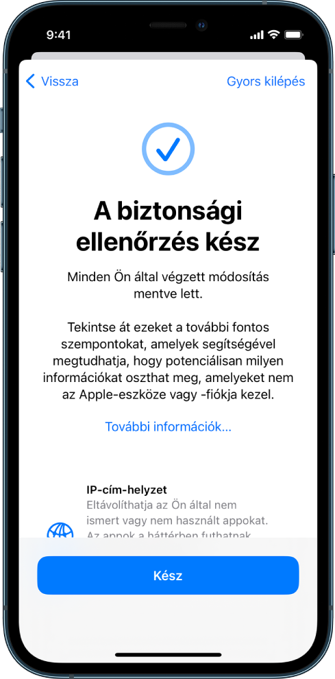 A Biztonsági ellenőrzés funkció képernyője, amelyen az látható, hogy a biztonsági ellenőrzés befejeződött.