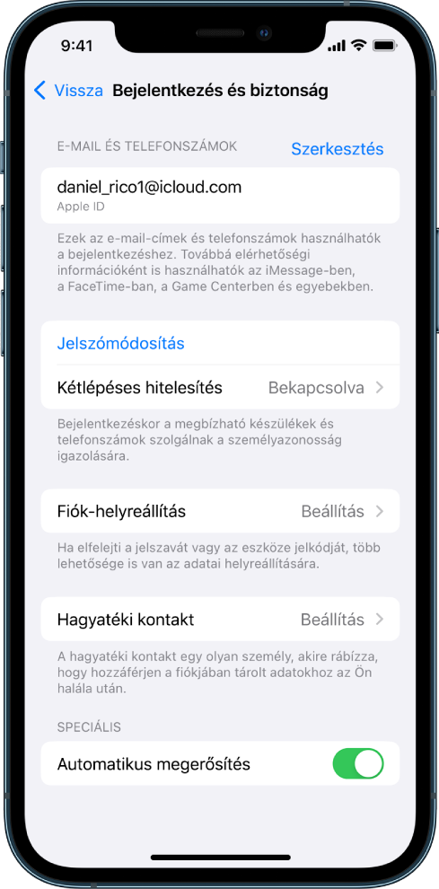 Egy iPhone képernyője, amelyen az látható, hogy a kétlépéses hitelesítés ki van kapcsolva.