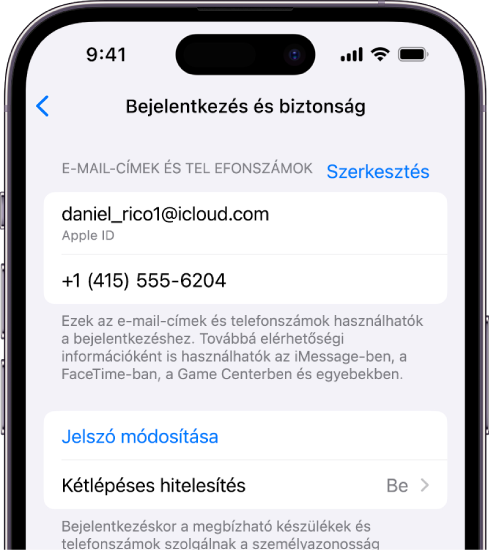 Egy iPhone képernyője, amelyen az látható, hogy a kétlépéses hitelesítés be van kapcsolva.