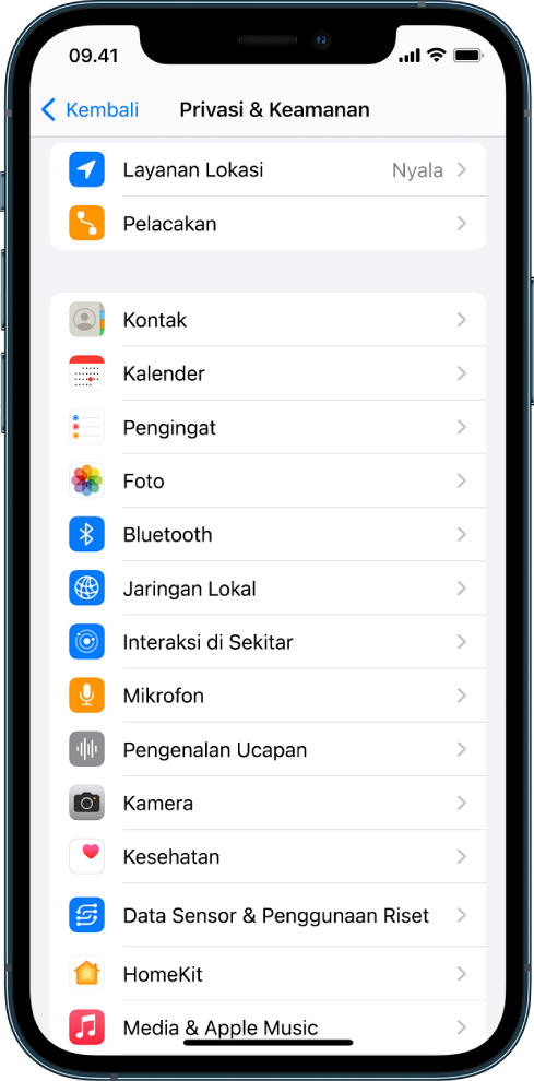 iPhone menampilkan layar Privasi & Keamanan di Pengaturan.