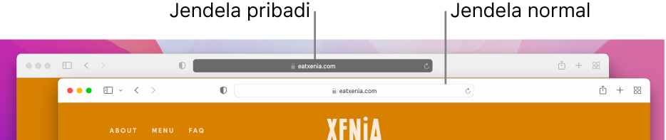 Jendela Safari normal di Mac dengan bidang Pencarian Cerdas terangnya, dan jendela Safari pribadi dengan bidang Pencarian Cerdas gelapnya.