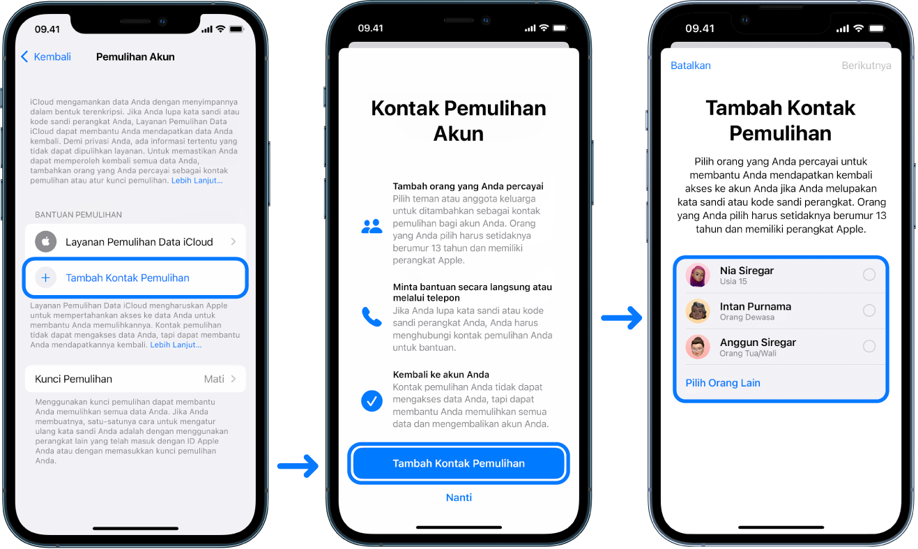 Tiga layar iPhone menampilkan cara menambahkan kontak Pemulihan Akun.