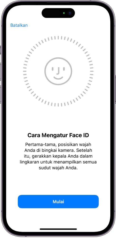 Layar pengaturan pengenalan Face ID. Wajah ditampilkan di layar, dikelilingi lingkaran. Teks di bawah yang menginstruksikan pengguna untuk memindahkan kepalanya secara perlahan untuk melengkapi lingkaran. Tombol untuk Pilihan Aksesibilitas muncul di dekat bagian bawah layar.