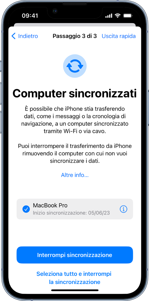 Due schermate di iPhone che mostrano la schermata Computer sincronizzati e la schermata Relay privato di iCloud.