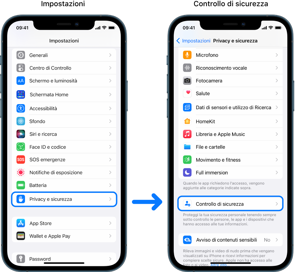 Come accedere a “Controllo di sicurezza” dall’app Impostazioni.